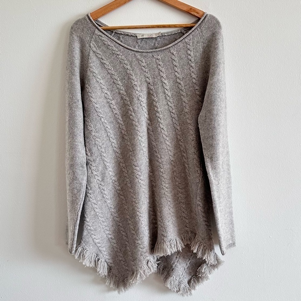 Raffi Cashmere cable knit tassel hem longline gray sweater Medium